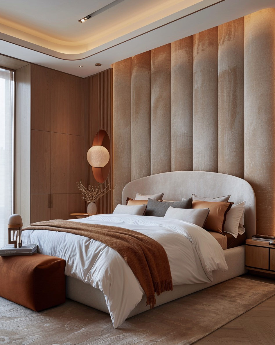 Modern bedroom with wall paneling